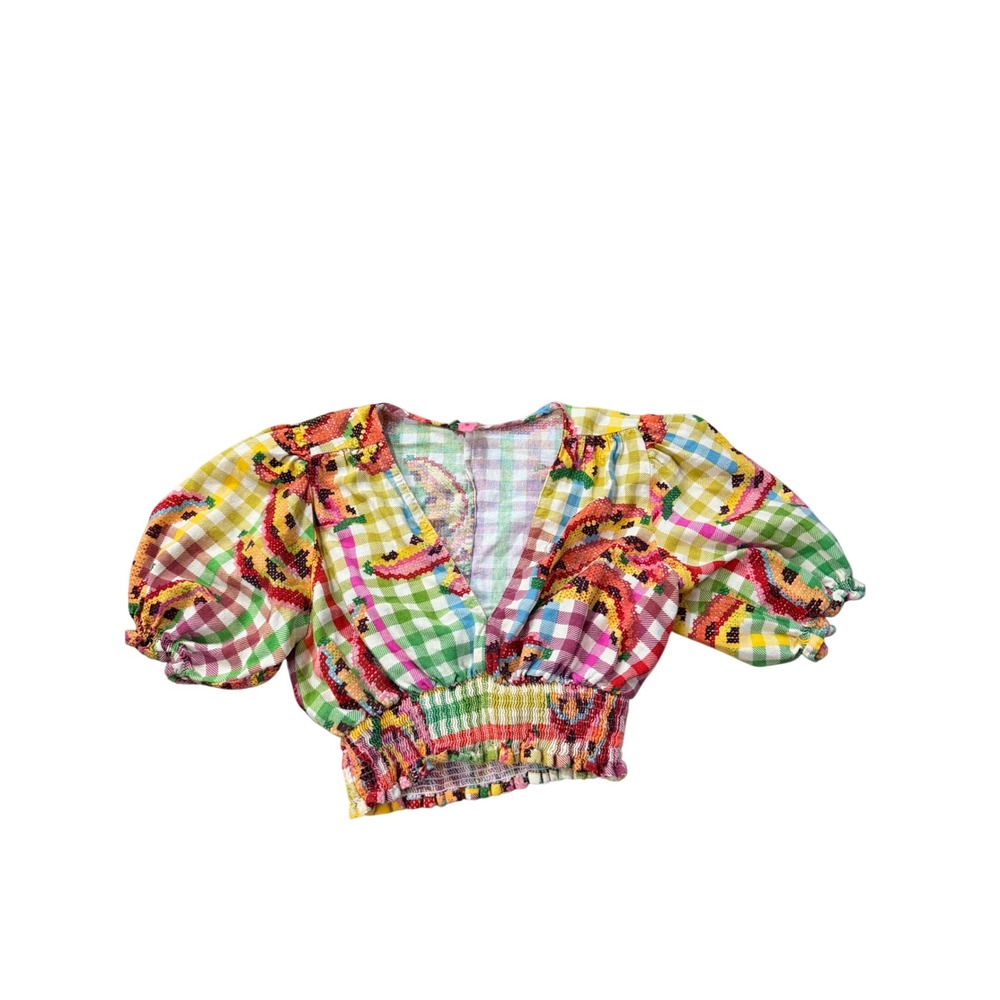 Farm Rio Gingham Fruit Floral Smocked Crop Top Puff Sleeve V-Neck Brazil Small‎